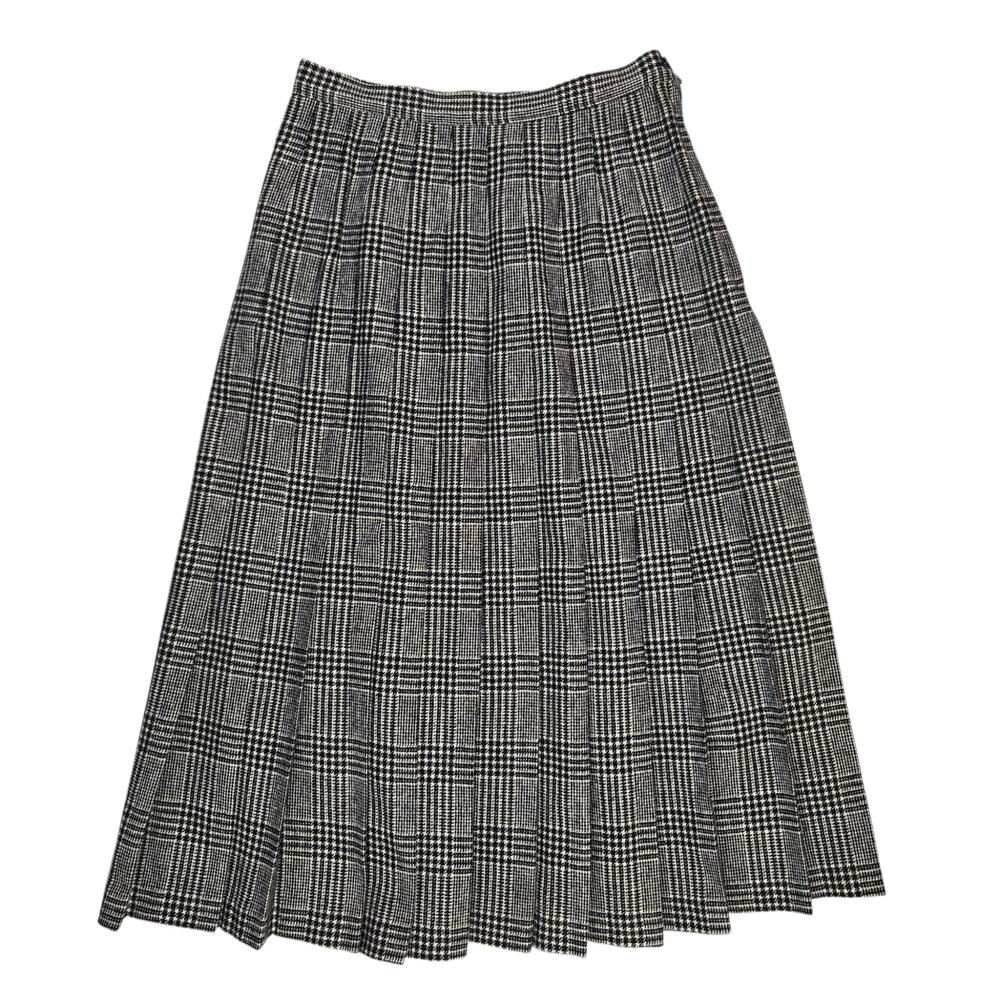 Vintage Pendleton Plaid Pleated Skirt Size 8P Petite 100% Wool Midi Black White
